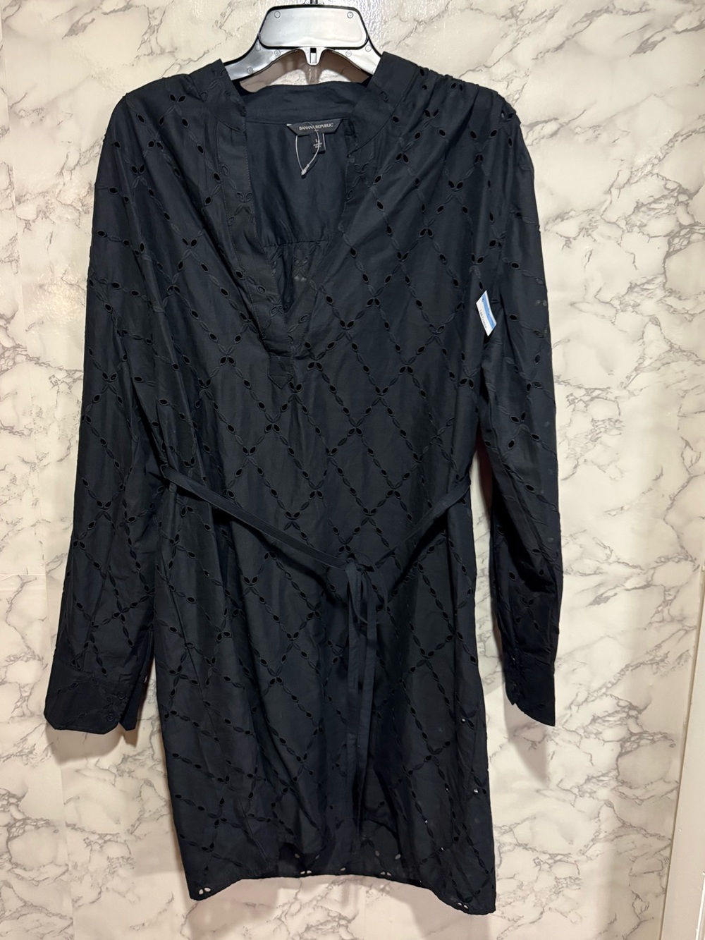 NEW Banana Republic Black Eyelet Long-Sleeve Tie-Waist Dress L